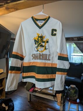 V-Neck Hockey Sweater in White with Green & Gold Trim Sugar Hill Hellions XS